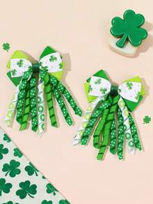 2pcs St. Patrick's Day Clover Print Hair Clips, White & Green Tassel Butterfly Claw Clips, Cute Curly Hair Clips, Four-Leaf Clover Hair Pins, Carnival Hair Clips, Women Hair Accessories - Multicolor - View 9