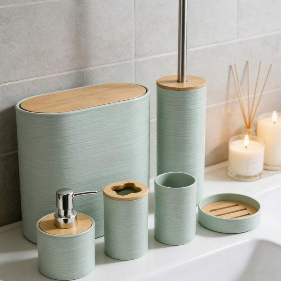 4件/6件套现代简约浴室配件套装,条纹竹盖浴室梳妆台套装,塑料和竹制浴室必备用品,包括皂液器、牙刷架、漱口杯、皂碟、马桶刷、垃圾桶。浴室台面梳妆台套装,浴室必需品,浴室装饰,适合作为乔迁、节日、生日礼物。 - 莫蘭迪綠色 - 查看 1