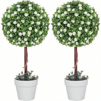 Set Of 2 Decorative Artificial Plants Ball Trees With Lavender Flowers In Pot Fake Plants For Home Indoor Outdoor Decor, 70cm, White