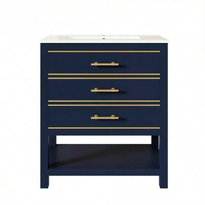 White Vanity Unit With Ceramic Basin – Freestanding Bathroom Unit With 2 Drawers And An Open Compartment, High-Quality Lacquered MDF Panel, Gold Handles, Without Tap Or Drain