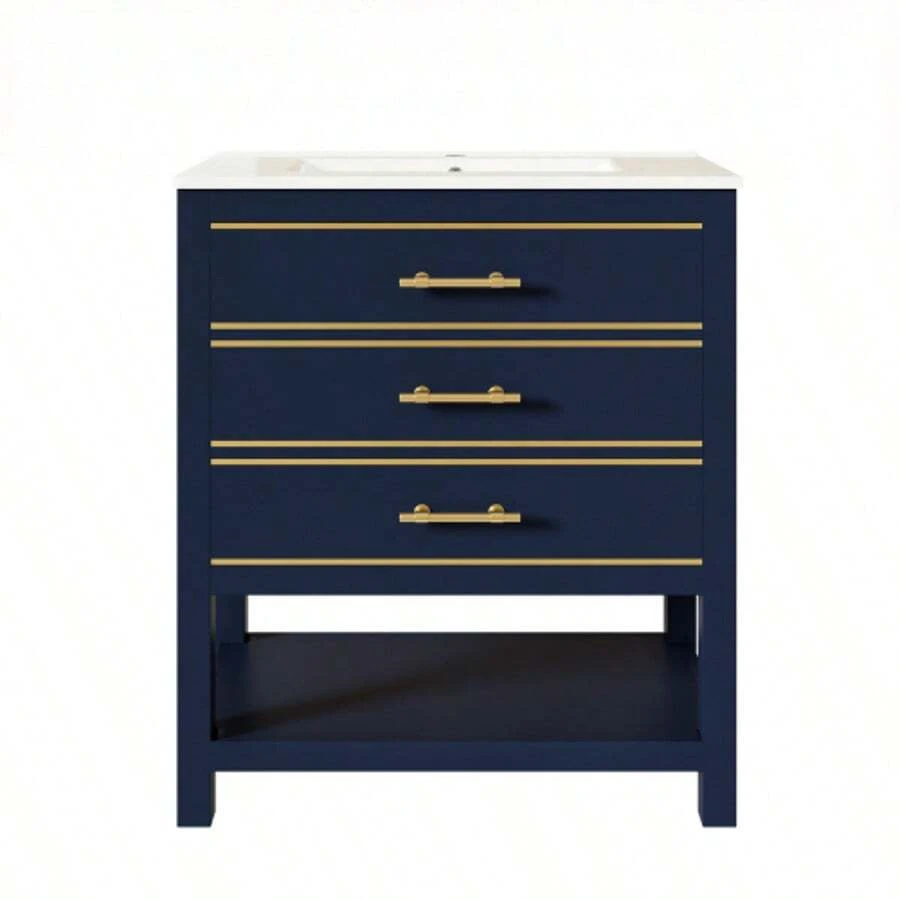 White Vanity Unit With Ceramic Basin – Freestanding Bathroom Unit With 2 Drawers And An Open Compartment, High-Quality Lacquered MDF Panel, Gold Handles, Without Tap Or Drain - Blue - View 1