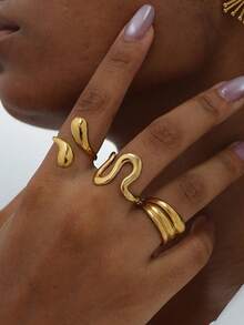 3pcs 18K Gold Plated Stainless Steel Luxury Vintage Asymmetrical Geometric Teardrop Cocktail Ring Set, Elegant Fashion Accessories For Women, Suitable For Daily, Holiday, Party, Date