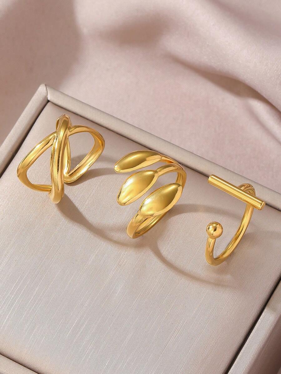 3pcs/Set Minimalist Open Ring Set In Gold Tone - Fashionable Daily Wear Finger Jewelry For Women - Gold - View 1
