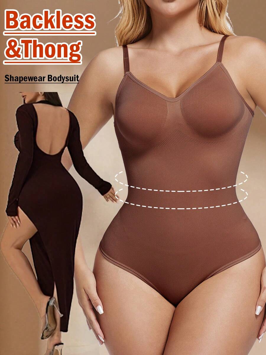 Women's Low Back Shapewear Backless Tops Thong Bodysuit Tummy Control Body Shaper - Brown - View 1