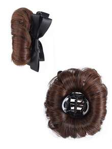 女士高马尾合成假发，带蝴蝶结发夹，卷发，高花苞头设计，适合女士日常佩戴和聚会场合。 - 彩色 - 查看 10