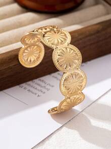 1pc Fashionable Bohemian Style Floral Pattern Simple Metal Open Cuff Bracelet, Suitable For Daily Wear For Women - Antique Silver - View 7