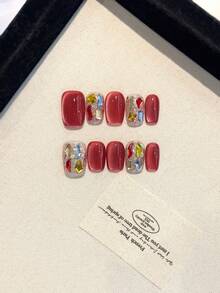 10 Móng Giả Ngắn Kiểu Mắt Mèo Màu Đỏ Hồng Vẽ Tay, Họa Tiết Kim Cương Lấp Lánh, Thích Hợp Làm Quà Tặng Cho Phụ Nữ Và Bé Gái, Keo Dán Móng Và Miếng Dán, Dụng Cụ Làm Móng Thủ Công. - Màu Hoa hồng đỏ - Xem 12