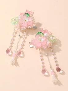 2pcs Women Floral Faux Pearl Tassel Hair Clips, Elegant Decoration For Daily, Festival, Party, Wedding, Hair Slide, Hair Barrettes, Hair Accessories For Women, Head Accessories, Spring, Flower Hair Clips, Hairpin - Multicolor - View 4
