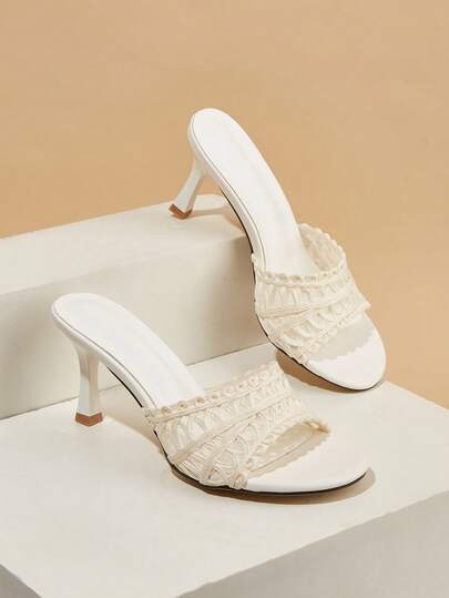 Women's Apricot Color Open Toe Woven Fabric Chunky Heel Sandals, Fresh Green Color, Fashionable And Versatile High Heels, Comfortable Casual Women's Footwear