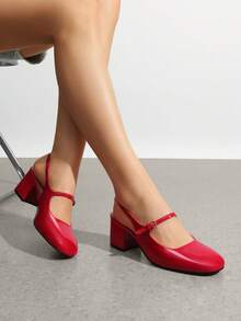 Women's Mary Jane Low Chunky Heels Slingback Closed Square Toe Dress Shoes Elegant Wedding Party Work Office Pumps Shoes - 紅色 - 查看 2