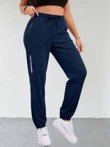 1 chiếc quần jogger thể thao nữ, cạp chun có dây rút, túi khóa kéo, thích hợp cho chạy bộ và tập thể dục mùa xuân & thu. - Màu xanh lam - Xem 3