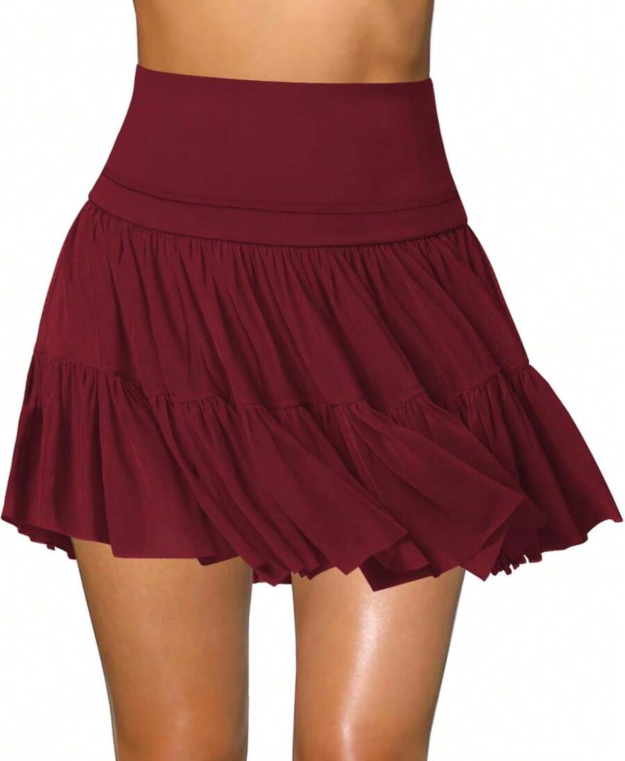 Women's Mini Skirt Skort Flowy Pleated High Waisted Ruffle Tennis Skirts For Women Athletic Skater Golf With Shorts Pockets - 紅色 - 查看 1