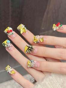 10Pcs Pink Yellow Fake Nails With Bees Butterflies Flower Rhinestone Design For Party Wedding Nail Supplies - Multicolor - View 3