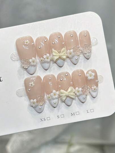 10 st handgjorda naglar, mandelnaglar, akryl press-on naglar, medium, mjuka rosa naglar, vita franska tip naglar, nagelstenar, chrams små pärlor, 3D enkel blomsterrosett, edgy eleganta enkla höstnaglar, alla hjärtans dag press-on naglar, fest, dagligen och dejting, strand, tropisk semester, lämplig för gör-det-själv lösnagelkonst, lämplig för kvinnor och flickor som present nageltillbehör