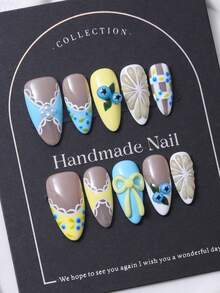 10片/套，欧美手工杏仁美甲贴纸，Y2K黄色法式风格，3D手工蓝莓蝴蝶结，3D手工柠檬漩涡，手绘波点和格子图案美甲装饰。包含1片果冻胶和1把指甲锉。完美适用于日常生活以及科切拉音乐节派对装扮，是美甲贴片和美甲护理产品的理想之选。美甲用品，手工美甲贴片。 - 黃色 - 查看 3