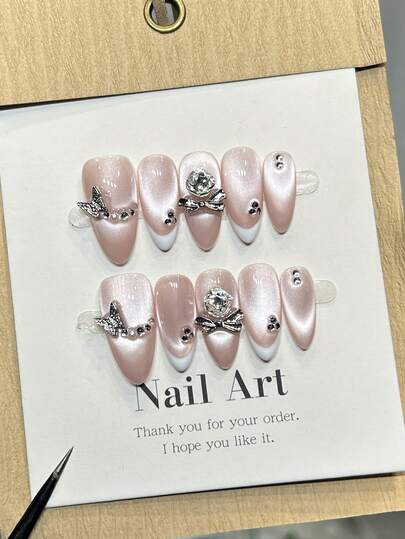 10pcs Handmade Nails Almond Nails Acrylic Press On Nails Medium, Gentle Pink Nails, Flashy Cateye White French Tip Nails, Nail Gems Small Rhinestone Diamond 3D Bow Inlaid, Pearl Inlaid, Edgy Elegant Simple Autumn Nails, Fall Press On Nails, Party Daily & Dating Use Beach Tropical Getaway Suitable,DIY False Nail Art Suitable For Women & Girls As Gift Nail Supplies