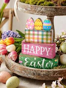 3pcs Of A Set | Rustic Wooden Easter Signs Stackable Blocks Decor , Easter Tiered Tray Decor Set ,Center Pieces For Table,Suitable For Easter Bunny, Easter Decoration, Party Supplies,Easter Party Supplies, Easter Holiday Birthday Party Favors, Party Gifts, Easter Gifts, Home Decor, Kitchen And - Multicolor - View 9
