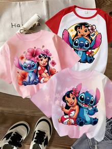 3-Piece Stitch And Lilo Printed Disney Girl Group Set Quick-Drying Short-Sleeved T-Shirt For Summer, Pure Cotton For Daily Outdoor Sports, Gift For Children - Nhiều màu - Xem 1
