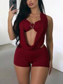 Bộ đồ 2 mảnh gợi cảm gồm áo hai dây xếp ly và quần short, áo liền quần và áo croptop không dây của DOUCIU. - Màu Đỏ Sâu - Xem 4