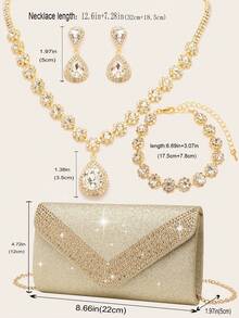 水钻首饰闪亮水滴项链耳环手链套装，可搭配手拿包，适合派对、晚宴等场合，金色亮片水钻翻盖优雅信封手拿包，浪漫婚礼、春夏链条单肩包、新娘包、正式舞会手拿包、优雅晚礼服包，完美搭配节日派对礼服和晚礼服。