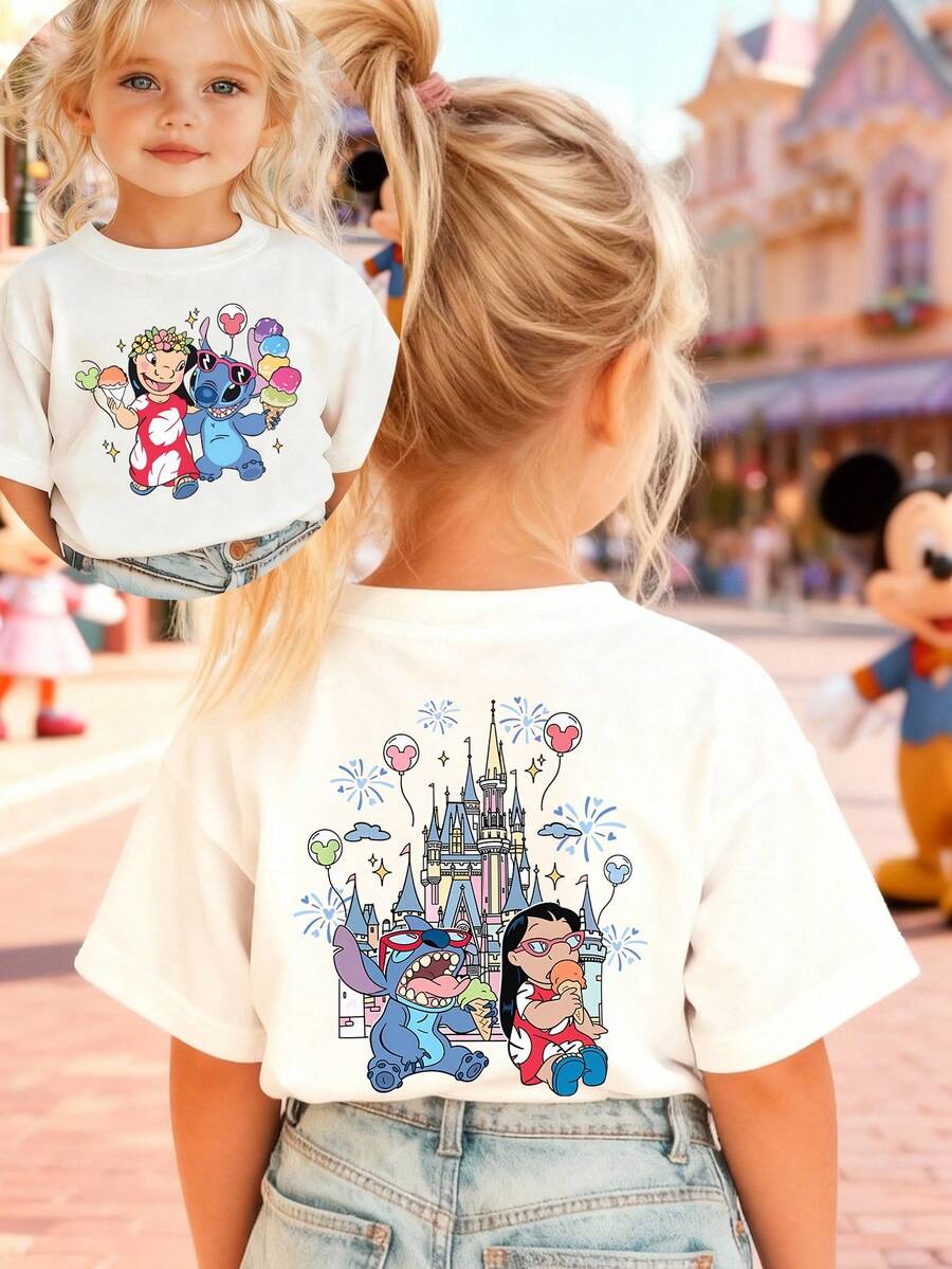 Disney Girls' T-Shirt, Creative Lilo & Stitch Cartoon Double-Sided Print, Summer Girls' Cotton Crew Neck Short Sleeve, Perfect For Everyday Wear, Vacations, Outdoor Activities, And As A Gift For Kids. - trắng - Xem 1