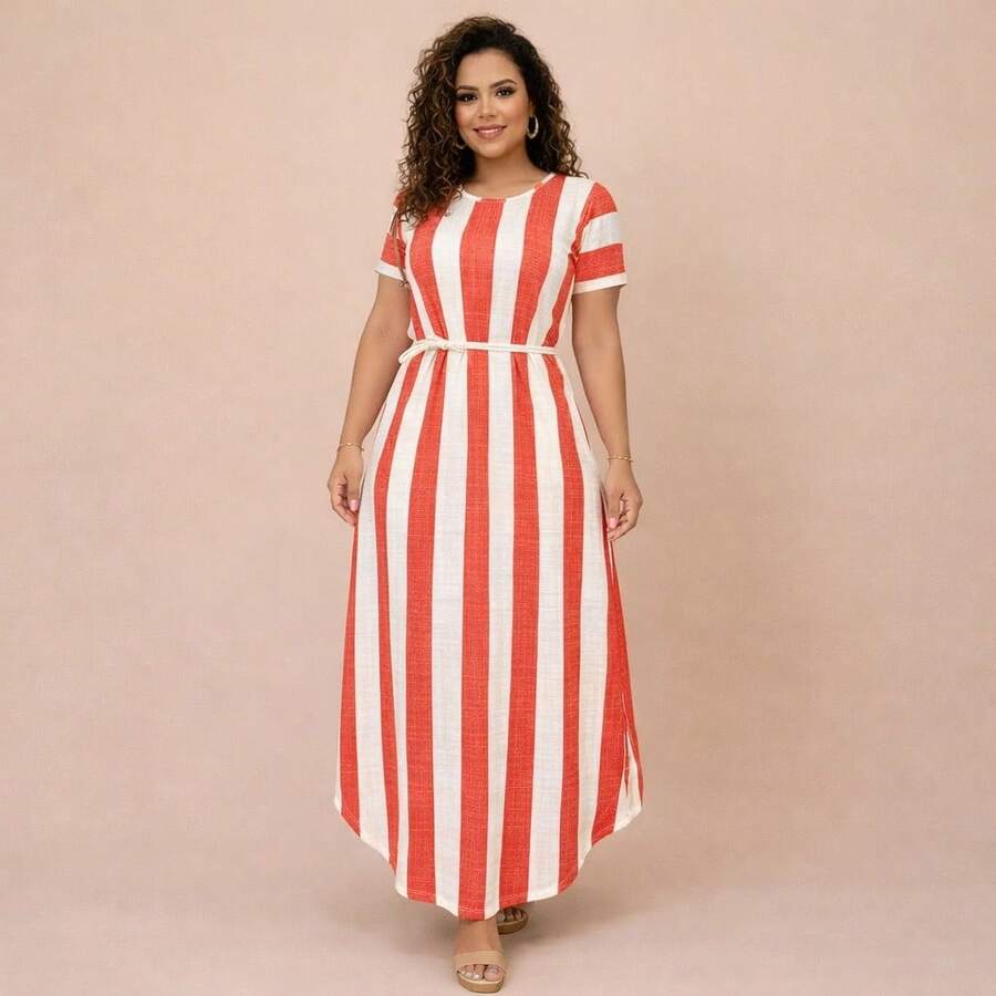 Women's Long Saruel Dress With Sleeves, Romantic Style, Women's Clothing - Coral Pink - View 1
