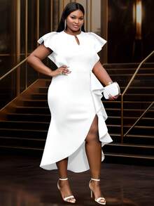 Plus Size Spring Easter New Bride Fashion Short Sleeve Slit Ruffle Hem White Graduation Dress, Suitable For Wedding, Wedding Guest, Bridal Shower, Bachelorette Party, Vacation, Birthday, Graduation, Formal Dinner, Homecoming, Back To School Summer Elegant - 白色 - 查看 5