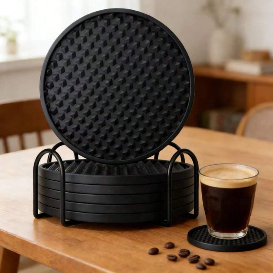 6pcs Drink Coasters Set With Holder, Heat-Resistant Silicone Material, Protect Tabletop, Suitable For Any Type Of Table Including Wood And Stone, Dishwasher , Non-Slip Design, Fit Various Drink Cup Sizes - Multicolor - View 1