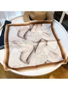 Luxurious% Mulberry Silk Women's Scarf - Elegant Light Coffee Brown Striped Square Scarf, Versatile Fashion Accessory For Spring And Autumn, Premium Packaging Gift Box With Exquisite Design, Silk Headscarf, Fashionable Neck Warmer, Delicate Print, High-Quality Fabric - 沙畫淺棕色 - 查看 3