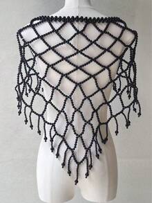 优雅手工串珠流苏披肩，可作连衣裙链，瞬间成为约会或婚礼的焦点，节日礼物之选。 - 黑色 - 查看 7