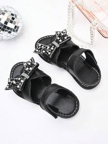 Sandalias de princesa para niñas, nuevas para el verano 2025, con lazo negro, con strass y perlas, de punta abierta, con cierre de gancho y bucle, y suela blanda - Negro - Ver 6