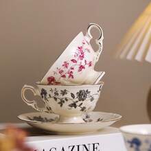 法式奢华下午茶牛奶咖啡杯，经典复古陶瓷宫廷风格茶杯碟套装 - 彩色 - 查看 1