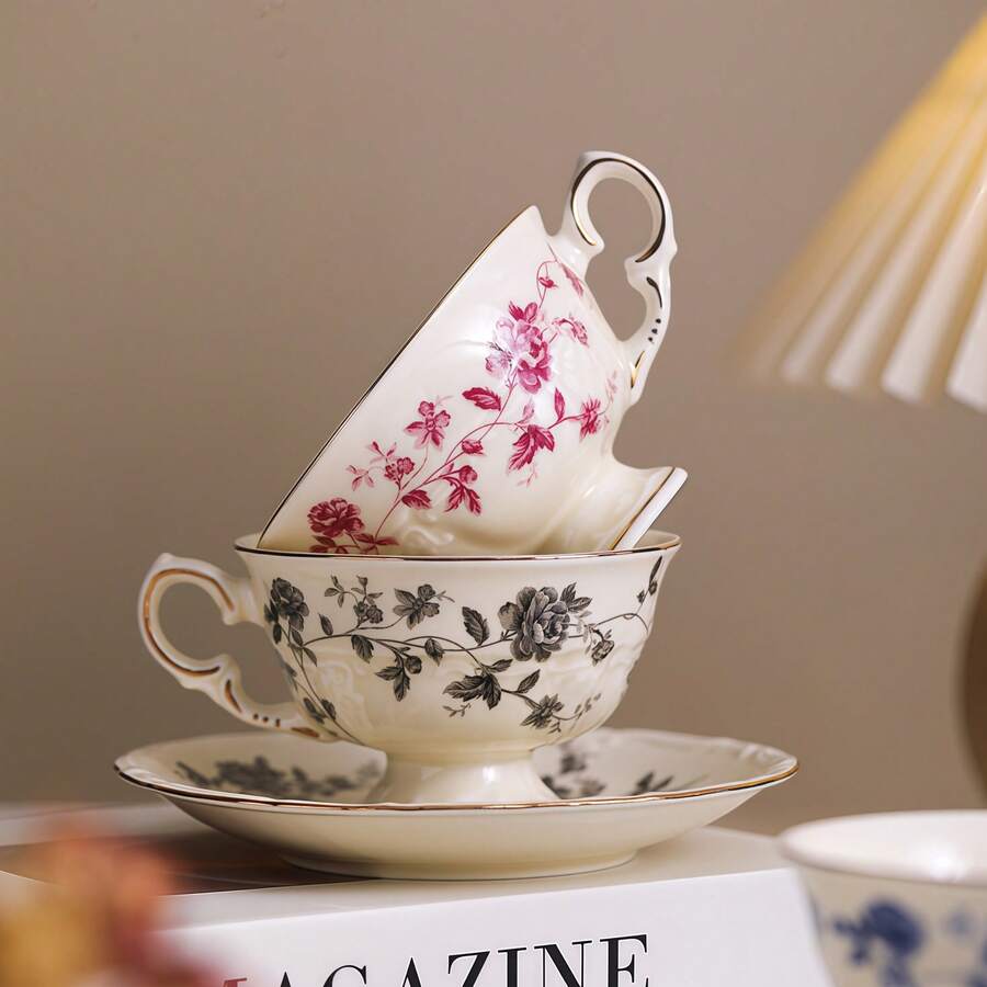 法式奢华下午茶牛奶咖啡杯，经典复古陶瓷宫廷风格茶杯碟套装 - 彩色 - 查看 1