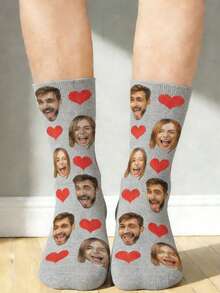 1 Pair Customized Face & Heart Pattern Comfortable Knit Couple Socks, Suitable For Anniversary/Gift - Grey - View 4