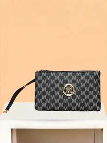 新款男士长款手拿包，时尚手提包，复古简约印花手拿钱包，拉链设计小卡包