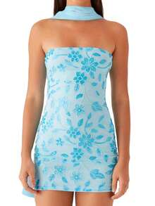 Women Summer Mini Bandeau Dress Sleeveless Off Shoulder Flower Embroidery Tube Top Dress With Scarf - Baby Blue - View 1
