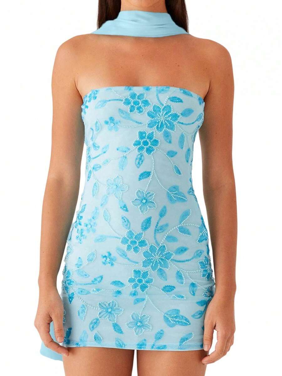 Women Summer Mini Bandeau Dress Sleeveless Off Shoulder Flower Embroidery Tube Top Dress With Scarf - Baby Blue - View 1