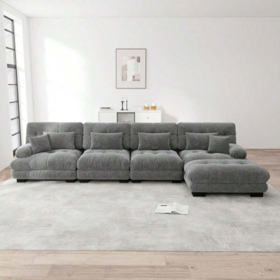 Modular Ecksofa, L-Shaped Couch Set For Wohnzimmer, 4-Sitzer Comfortable Cloud Couches Mit Beweglichem Ottoman, DIY-Kombination, Chenille, Gray - 灰色 - 查看 1