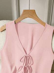 Set de 2 piezas de conjunto informal de mujer de unicolor con nudo, elegante para primavera/verano - Rosa Pálido - Ver 6