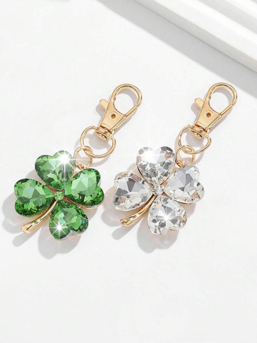 1pc Women's New Luxury Unique Four-Leaf Clover Shaped Keychain, Delicate Rhinestone Clover Lucky Friend Gift, Fashion Bag Charm - Multicolor - View 1