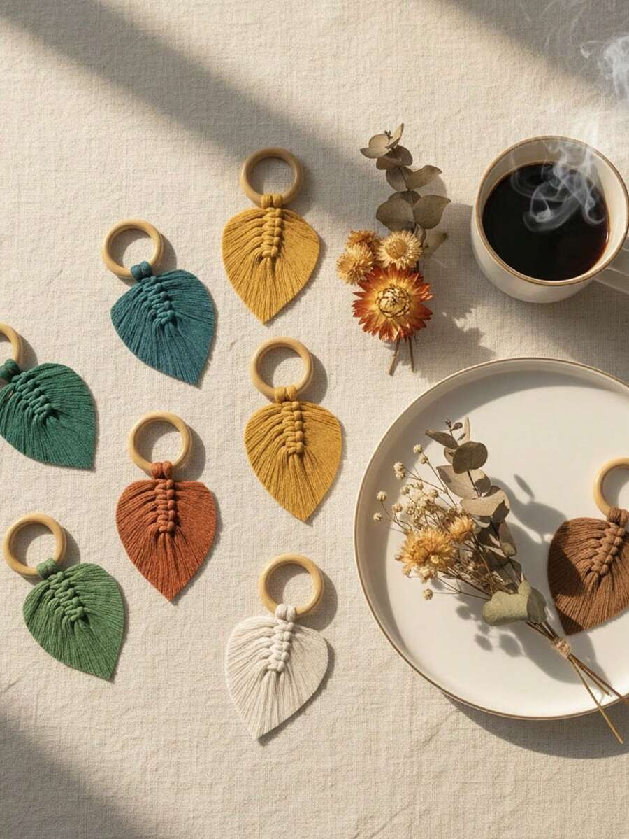 1pc Handmade Woven Bohemian Style Leaf Napkin Ring Wreath, Rustic Farmhouse Decor, Prayer Wall Hanging Leaf Napkin Ring, Wedding Home Decor, Wooden Napkin Ring, Dining Table Decoration, Easter Farmhouse Napkin Ring, Boho Dining Table Decor, Spring Party, Wedding, Holiday Dinner