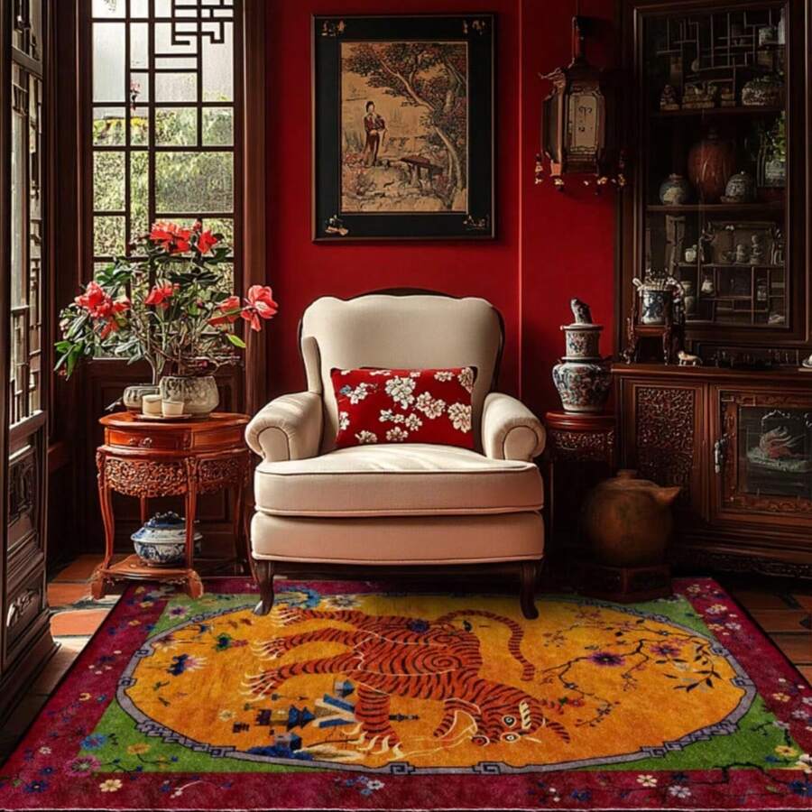 Tiger Pattern Vintage Oriental Design Area Rug Washable Rug Vintage Traditional Floor Cover Foldable Thin Retro Accent Indoor Non Slip Carpet Print Mat Bedroom Living Room Bathroom Home Decor Large Carpets Dining Room Rug Kitchen Rugs For Entryway - A - 查看 1