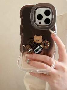 1pc Brown Tie-Dye Coffee Bear Bench Double Bracket Wavy Edge Anti-Drop Phone Case Protective Cover Suitable For IPhone11/12/13/14/15/16 PROMAX