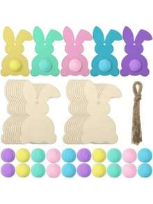 20pcs Unfinished Wooden Easter Bunny Silhouette Shapes With Colorful Pom Poms, Hanging Ornaments, Bunny Shape Craft Tags, Wooden Pendants, DIY Decorations, Wooden Shavings Bunny Paper Cutting Easter Wooden Craft - Multicolor - View 1