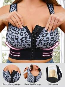 1pc Waist Tie Front Button Leopard Print Camisole With Built-In Cup Pad, Casual Layering Tank Top - Blue - View 2