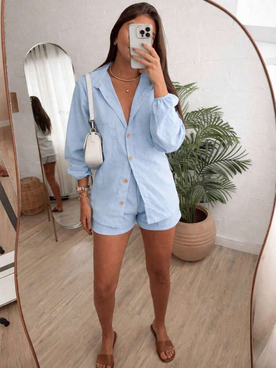 Women's Linen Long-Sleeved Set - Shorts And Shirt - 淺藍色 - 查看 1