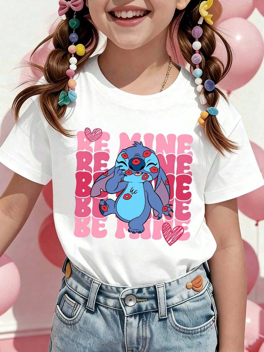 Disney Girls' T-Shirt, Featuring A Creative And Adorable Stitch Alphabet Cartoon Print. Summer Cotton Crew-Neck Short-Sleeve Tee For Girls, Perfect For Everyday Wear, Vacations, Outdoor Activities, And As A Gift For Children. - White - View 1
