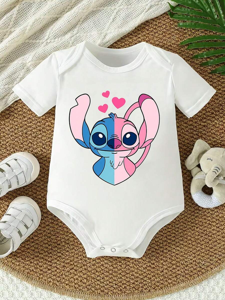 Disney Baby Clothing, Newborn  - Unisex - Disney Valentine's Day Elements Stitch And Angie Creative Cartoon Print - Crawling And Toddling Stage Set - Summer Outdoor Casual Crewneck Crawling Coverall With Triangle Hem Design - Summer Essential Item - Fun-Filled - Adorably Cute - Perfect Holiday Gift For Infants And Toddlers - 白色 - 查看 1