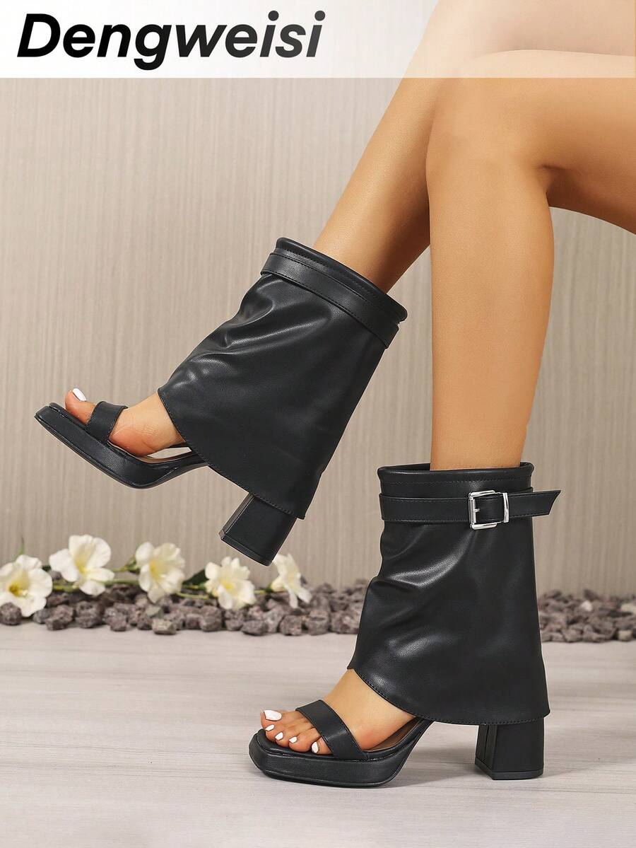 黑色筒状女式凉靴，欧美朋克风时尚凉鞋，粗跟方头高跟百搭优雅街头风休闲办公通勤日常假日晚宴凉鞋 - 黑色 - 查看 1