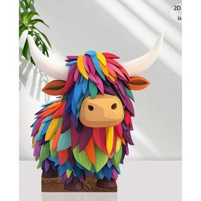 Colorful Highland Cow Statue - Bohemian Style Wooden 2D Printed Rainbow Bull, Vibrant Farm Animal Decor For Living Room, Bedroom, Office - Ideal Gift For Animal Lovers (8x6.7 Inch), Cow Decor